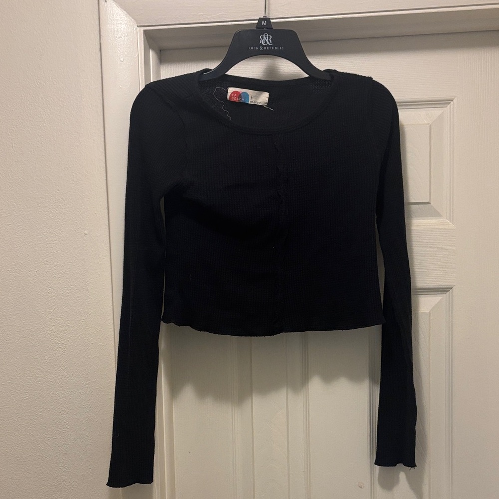 Free People Black Ribbed Long-Sleeve Crop Top